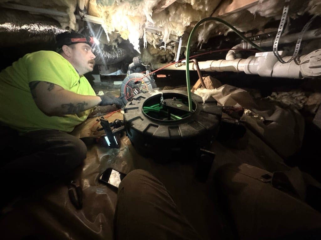 Plumber running a drain camera in a crawlspace in Asheville, NC
