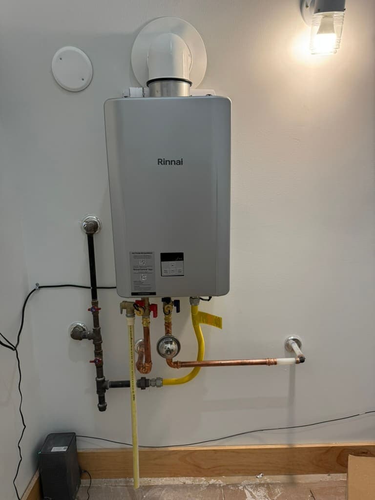 Rinnai tankless water heater with gas and water connections installed by MRJ Plumbing near Asheville, NC